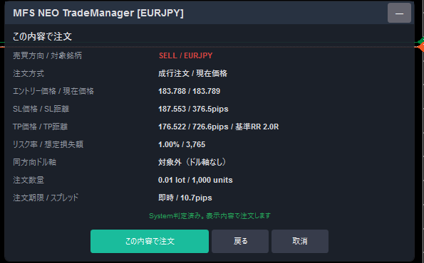 発注前の最終確認画面：SL・TP・リスク率・数量が提示され「この内容で注文」で完了